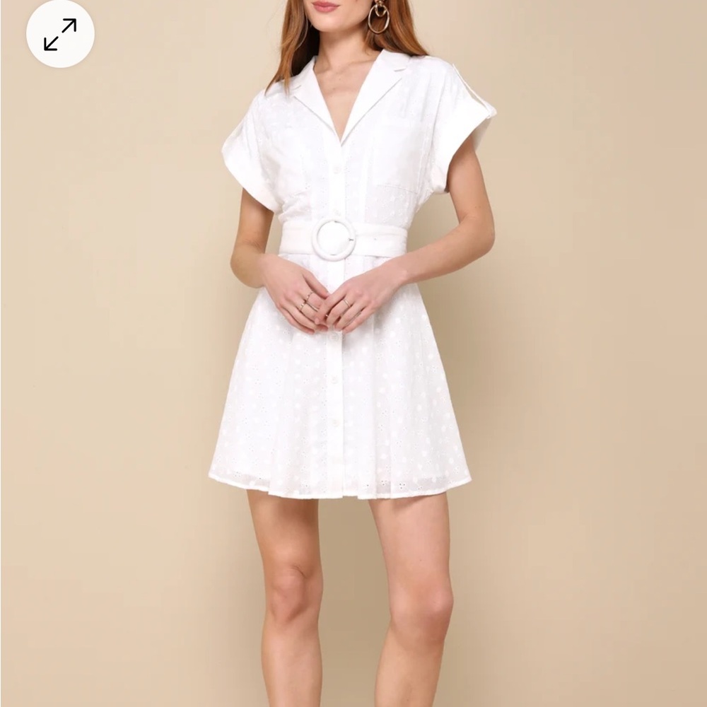 Strolling Paris White Eyelet Embroidered Button-Up
Mini Dress